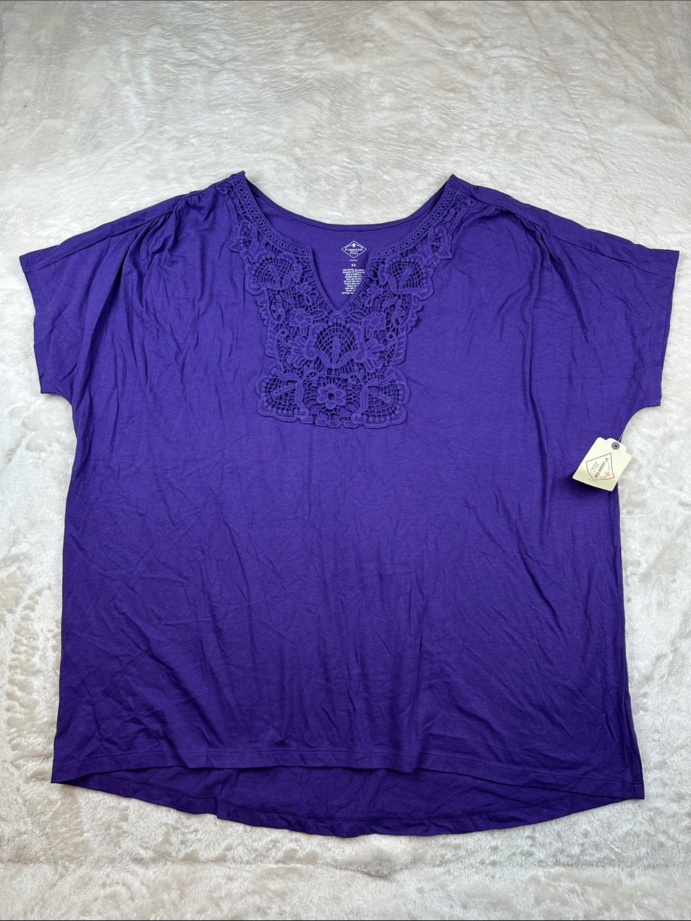 NWT St. John's Bay Size 2X Deep Purple Crochet V-Neck Short Sleeve Tee |Everyday